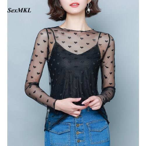 Plus Size Sexy Transparent Blouse Women 2020 Casual Summer Long Sleeve Ladies Tops and Blouses Clothing Polka Dot Black Shirt