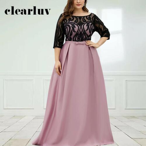 Lace Top Evening Dress DR1584 A-Line Floor-Length Vestidos De Fiesta O-Neck Pink Robe De Soiree Pink Patchwork Women Party Gowns