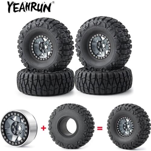 YEAHRUN 1.9 inch Titanium Metal Alloy Beadlock Wheel Rims Hubs + 112mm OD Rubber Tires for 1/10 RC Crawler Car Parts