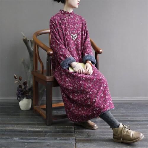 Women Winter Retro Printed Stand Collar Chinese style Fleece Print Parkas Female 2019 Winter Thick Fleeced Coat Ladies Parkas