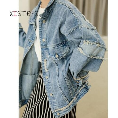 High Street Ripped Denim Jeans Jackets Women 2021 Autumn New Ladies Jeans Coats Loose Oversize Boyfriend Style Clothes Jackets