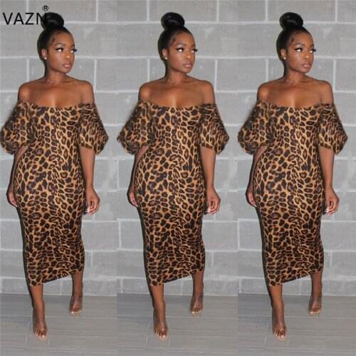 VAZN OYX638 New Band Leopard 2019 Summer Women bandage Dress Short Sleeve off shoulder Colorful Dress Sexy Club Long Dress
