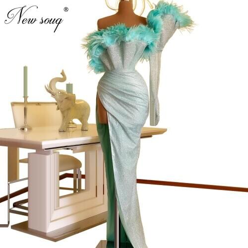 Chic Feathers Evening Dress 2020 Turkish Islamic Shiny Special Occasion Women Party Dresses Beads Prom Gowns 2020 Robe De Soiree