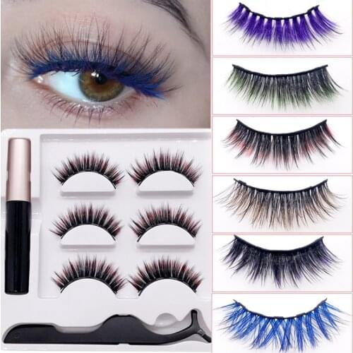 Colored 3 Pairs Magnetic Fake Eyelashes Waterproof Eyeliner Tweezer Set Thick Colorful Magnetic False Eyelashes Wholesale Lashes