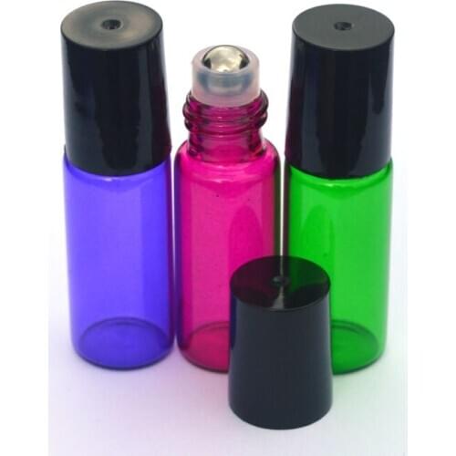 5pcs 5ml Roller Glass Bottle Fragrance Perfume Essential Oil Colorful Empty Roll-On Bottle Black Plastic Cap Bottle