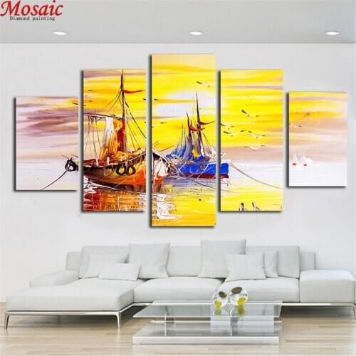 5d Diamond Painting Full Square round "boat" Multi-picture Combination Embroidery Cross Stitch Mosaic Home Decor 5pcs/set