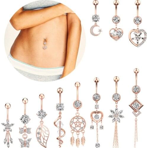 6Pcs/Set 14G 316L Stainless Steel Dangle Belly Button Ring Navel Ring Jewelry Clear Zircon Inlay Body Piercing Jewelry For Women