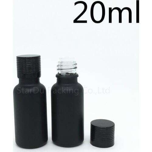 Free Shipping 500pcs 20ML Black Frosted Glass Bottle 20ml Vials Essential Oil Bottle with black Aluminum cover Perfume bottles