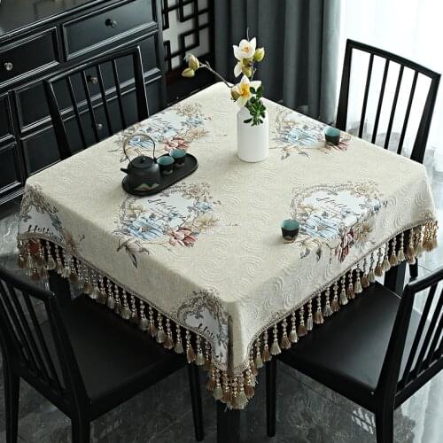 Beige Jacquard Tablecloth Square Coffee Fabirc Tassels Vintage Table Cover Party Luxury Home Decor for Events Samll Big 200cm