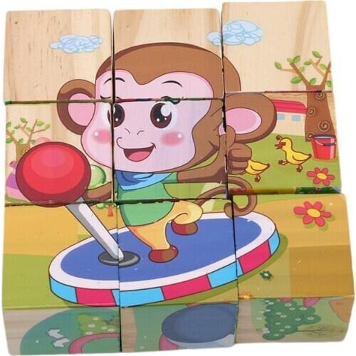 Kid Wooden Cartoon Animal Puzzle Toy 6 Sides Wisdom Jigsaw Game Single 3D Puzzle Toys Early Education Learning Toys For Children