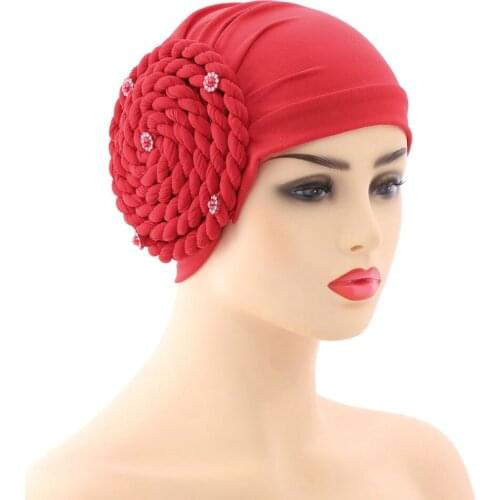 HanXi Women Rhinestone Turban Bonnet Side Flower Arab Headscarf New Arrival Muslim Hijab Hat for Lady Girls