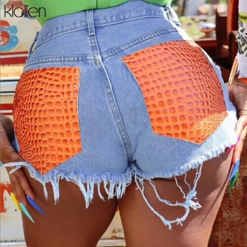 KLALIEN Fashion Casual High Waist Serpentine Pu Leather Patchwork Shorts Jeans For Women 2021 New Fashion Street Clubwear Y2K