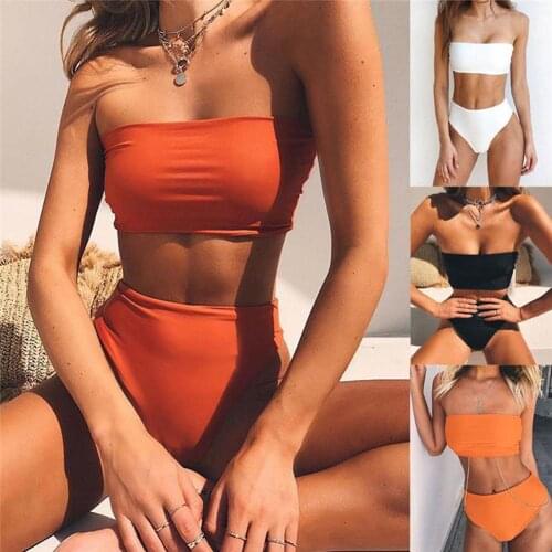 2Pcs Women Bikinis Set Sexy Solid Color Padded Bras High Waist Panties Swimming Costume Bikini Set Femme Swimwear Swimsuit