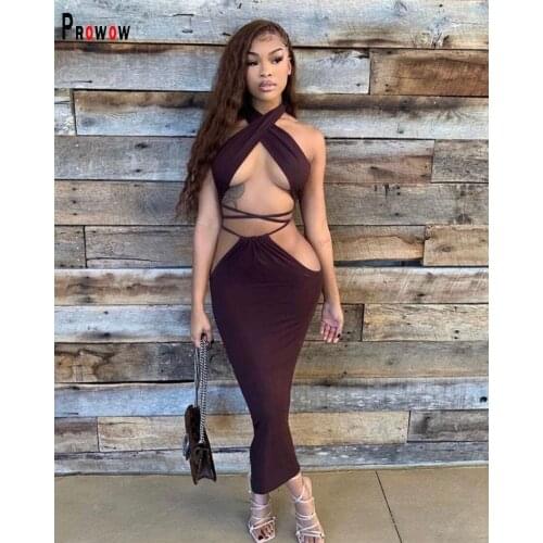 Prowow Sexy Women Clothing Set Halter Tops Hollow Out Dress Two Piece Summer Suits for Woman Solid Color Night Club Outfits