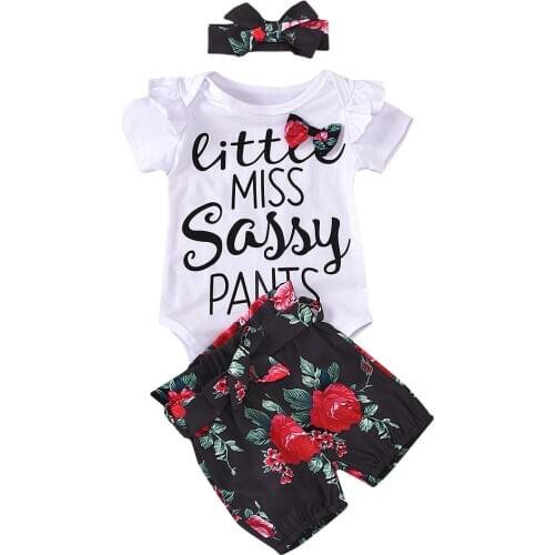 Newborn Infant Baby Girl Summer Casual Short Sleeve Romper Tops Jumpsuit Floral Pants Headband Outfits Clothes 3PC Set 0-12M