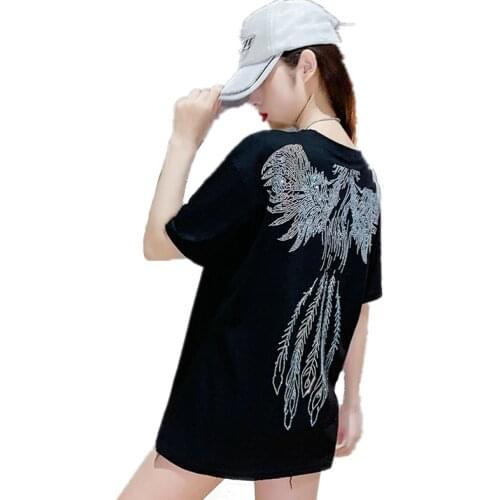 Summer Short Sleeves Tee Shirt Women Hip Hop Streetwear Diamonds Rhinestone Phoenix Tshirt Teen Outdoor Loose Casual T Shirt