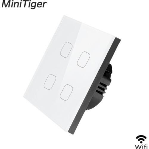 Minitiger Smart Home 4 Gang 1 way Wireless WiFi EU Standard Touch Switch Wall Light Switch,White Luxury Crystal Glass