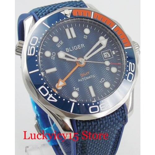 Fashional Mens Watch Auto Date Sapphire Glass 41mm Blue Dial Mechanical Wristwatch