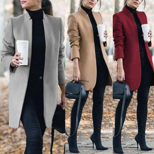 Autumn Winter Women Jackets Wool Coat Solid Color Open Front Jacket Coat Women Knee Length Wool Blends Coat Womens Overcoats