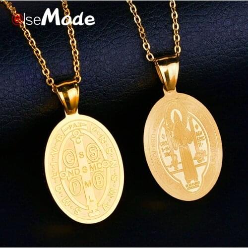 ELSEMODE Gold Saint Benedict of Nursia Necklace for Men Women 316L Stainless Steel Cross Pendant Necklaces Christmas Gift
