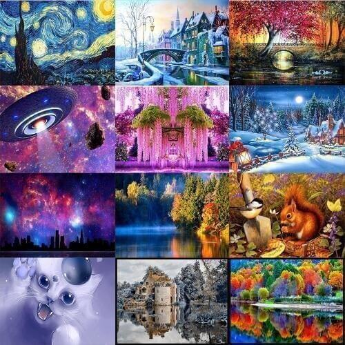 Landscape 5D diamond painting full diamond snow scene starry sky round diamond mosaic pattern home decoration DIY handmade wall