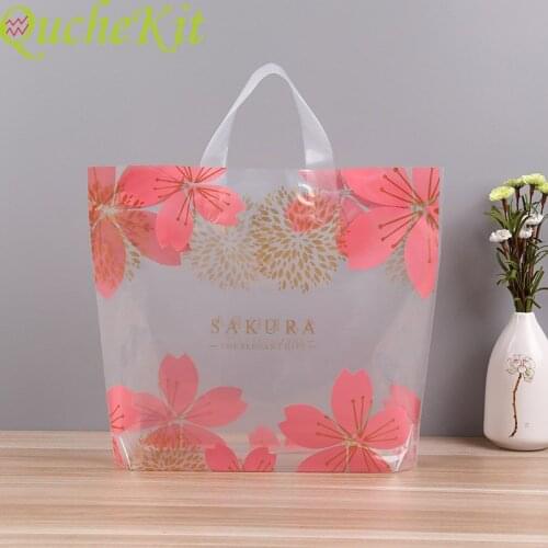 50pcs Cherry Blossoms Plastic Gift Bags Large Transparent Shopping Packaging Bag For Business Clothes Cake Wedding Party Favors