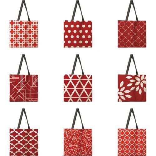 Red geometric linen fabric casual tote bag foldable shopping bag reusable beach bag ladies shoulder bag
