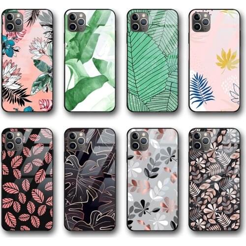 Luxury Fashion Vogue Leaf Funda Case for iphone 12 Case for iphone 12 11 Pro XS Max mini XR X 7 8 6 6s Plus SE 2020 Glass Shell