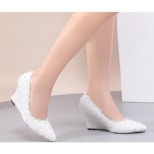 Dress Women Pumps Wedges High Heels Party Shoes Women Nightclub Lace Slip On 8CM Pointed Toe Office & Career Wedding Flower 2020