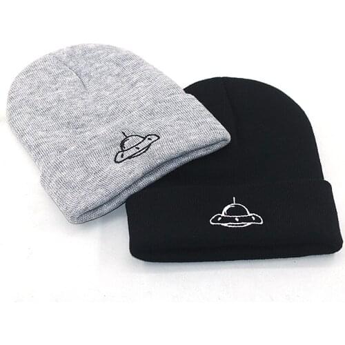UFO embroidery beanie hat 100% cotton flexible soft winter knitted hats hip hop beanies warm ski cap