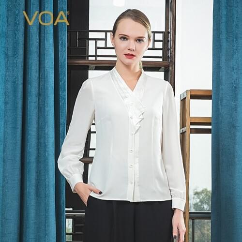 VOA Silk 34m/m White Heavy Dark Jacquard Stitching guo yi-V-neck Long-Sleeve Folds Loose Shirt Female B9396