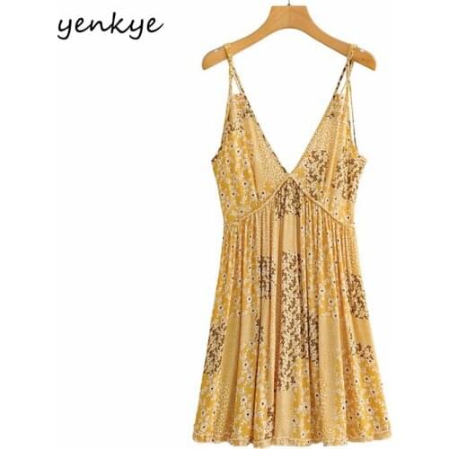 YENKYE Yellow Vintage Floral Print Sexy Sling Dress Women Backless V Neck Sleeveless Holiday Summer Beach Dress Short Robe