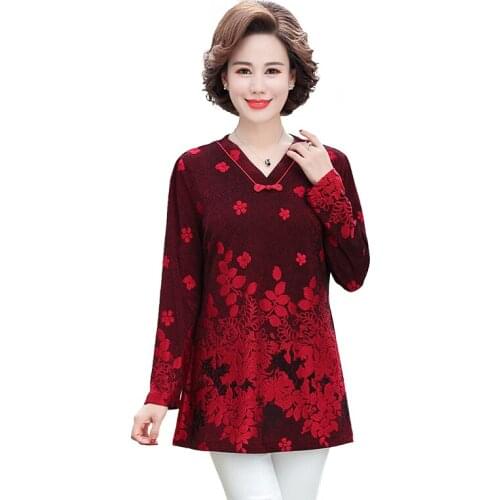 Casual Loose Women Long Sleeve T-Shirts Floral Bottom Shirt 2021 New Spring Fall Mother Clothes V-Neck Female Tee Tops 5XL