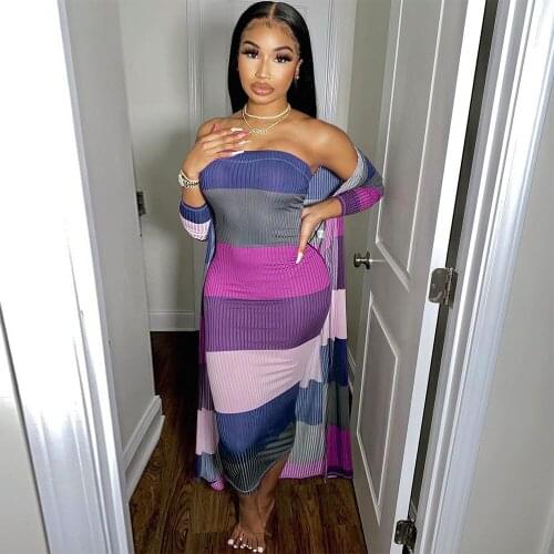 Sexy Striped 2 Two Piece Bandage Sets Womens Clothes 2021 Strapless Slim Fit Maxi Dress+Long Sleeve Cardigan Female Tracksuits