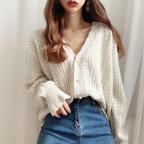 2020 Women Spring Summer Sweater Cardigan Low V-Neck Knit Tops Long Sleeve Hollow Out Sexy Cardigan Loose White Tops
