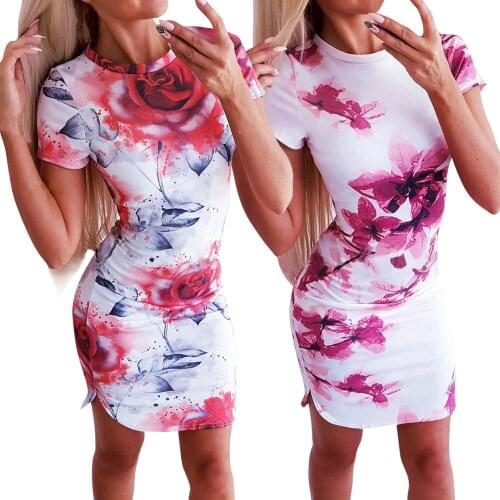 Summer 2021 Mini Dress Sexy Slim Bodycon Dress Package Hips Pencil Office Lady Clothes Women Short Sleeve Floral Print Dress