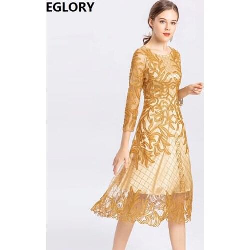 Slim Fit & Flare Dress 2020 Spring Fashion Party Events Women O-Neck Allover Appliques Embroidery Mid-Calf Yellow Dress Red 4xl