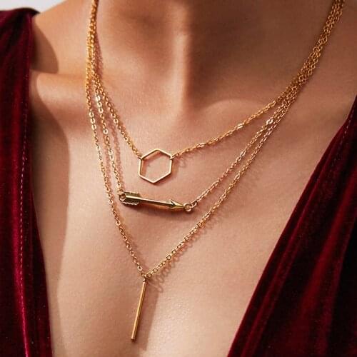 Multilayer Arrow Geometry Hexagon Necklaces & Pendants For Women Vintage Charm Gold Choker Necklace Bohemian Jewelry Wholesale
