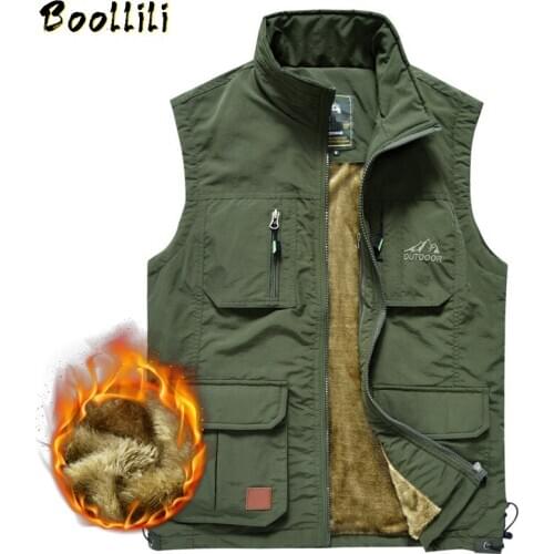 Winter Warm Vest Men Multi Pockets Fleece Liner Thickness Autumn Waistcoat Photographer Reporter Sleeveless Jacket Plus Size 4XL