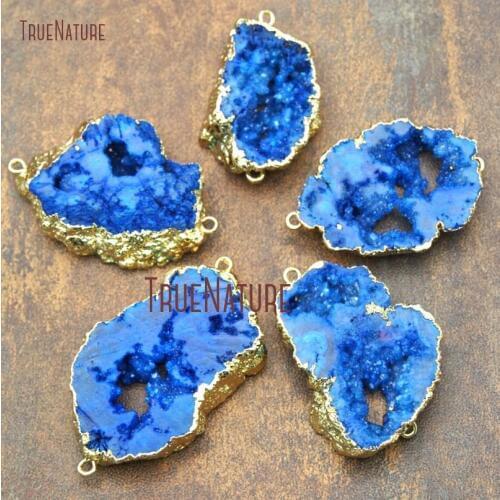 10Pcs Gold Electroplated Irregular Shape Connector Royal Blue Agates Geode Double Bail Pendant Approx 42x28mm PC15263