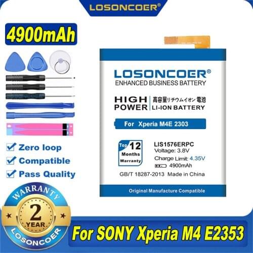 100% Original LOSONCOER 4900mAh LIS1576ERPC AGPB014-A001 Battery For SONY Xperia M4 Aqua E2303 E2333 E2353 Battery