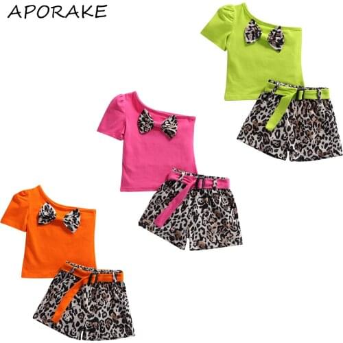 2021 1-6Y Fashion Infant Summer Clothing Baby Girls One-shoulder Leopard Print Puff Sleeve Pullover Bow Blouse+Shorts With Belt