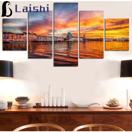 5pcs Diamond Painting Town scenery at dusk Full Square/Round Diamond Pattern Embroidery Cross Stitch 5D Rhinestone Painting