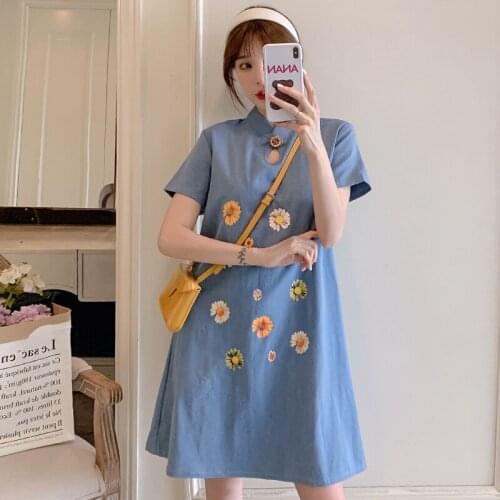 5911# Maternity Loose Improved Denim Printed Cheongsam Dress Summer Loose Stylish Dress Pregnant Women Mom Dress