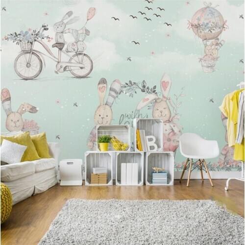 Large Custom Wallpaper Mural Hot Air Balloon Abstract Bunny Hand Painted Snow Cartoon Kids Wallpaper 3d flooring