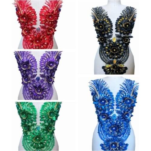 Large Bodice 3D Flower Rhinestone Sequin Bodice Lace Applique Embroidered Bridal Motif Appliques Patch