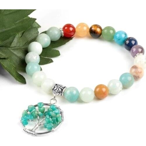 Tree Of Life Pendant Chakra Bracelet For Men Women 8mm Natural Stone Beads Elastic Bracelets Reiki Healing Jewelry