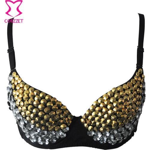 White Crystal Gems & Gold Rivets Night Club Party Dance Punk Rock Sexy Bralette Women Brassiere Push Up Bra Top Brasier Mujer