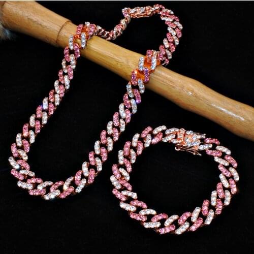 Fashion 12mm Iced Out Cuban Bracelet Nacklace Miami Chain Hip Hop Choker Rose Gold Color Rhinestone Link Women Jewelry Gifts