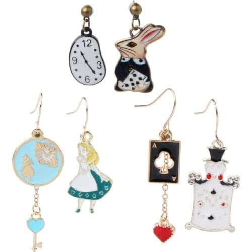 Rabbit Clock Poker Party Cartoon Icon Earrings Alice in Wonderland Stud Earrings